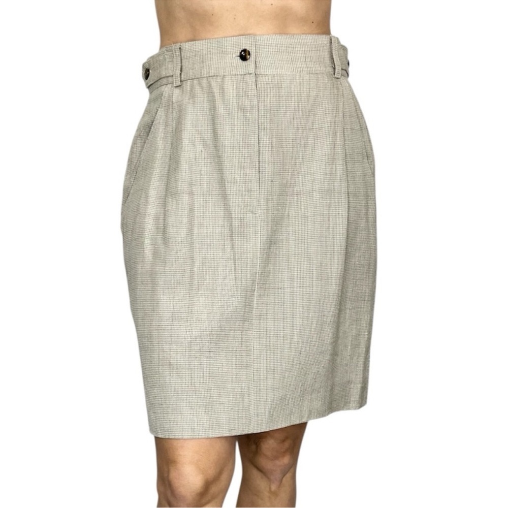 Vintage 80s 90s Alfred Sung Sport linen blend taupe check pleated mini skirt